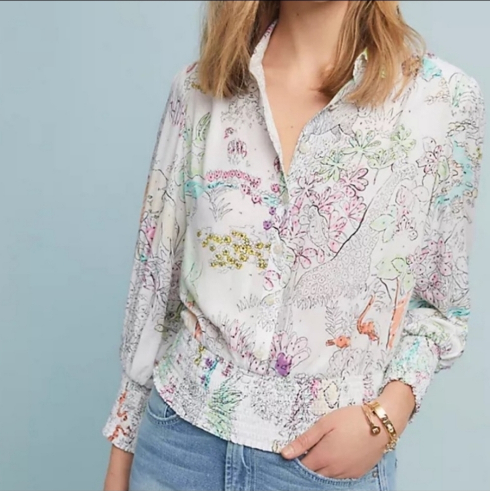 Maeve White Floral Print Long-Sleeve Blouse